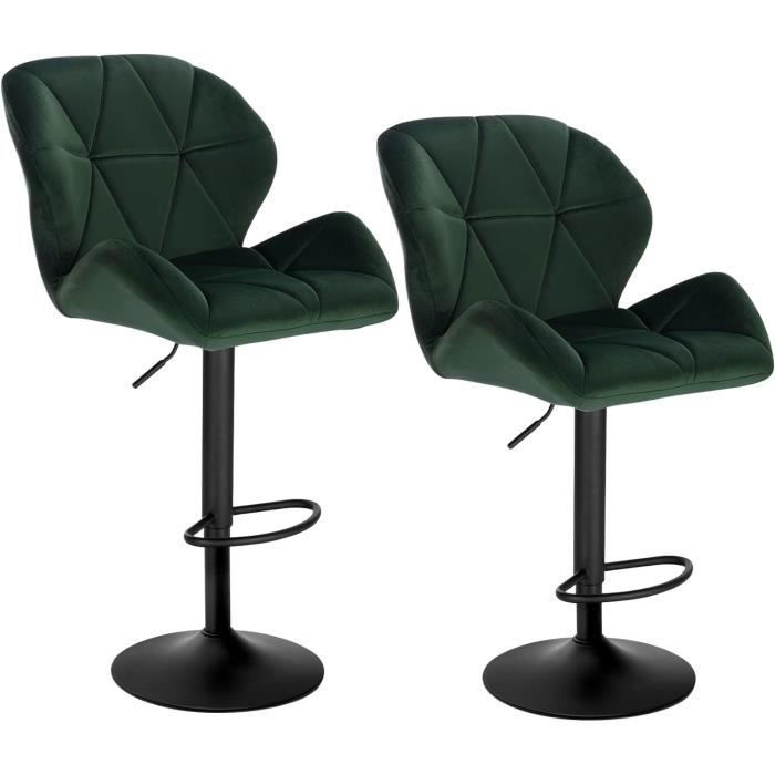 WOLTU Lot de 2 Tabourets de bar Siège en velours Pieds en métal Hauteur réglable Vert Foncé