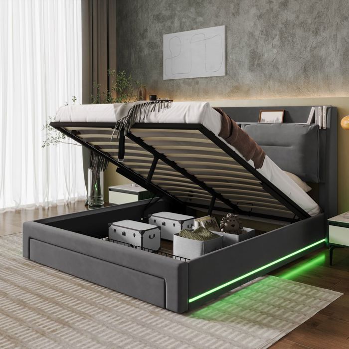Lit Coffre Double 160×200 Cm - Moderne - Rangement - Vérins Lit Coffre Double 160×200 Cm - Moderne - Rangement - Vérins