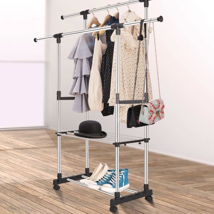 Portant à vêtements,Penderie métallique,Charge Max 33 kg,Double Barres Extensibles,Hauteur