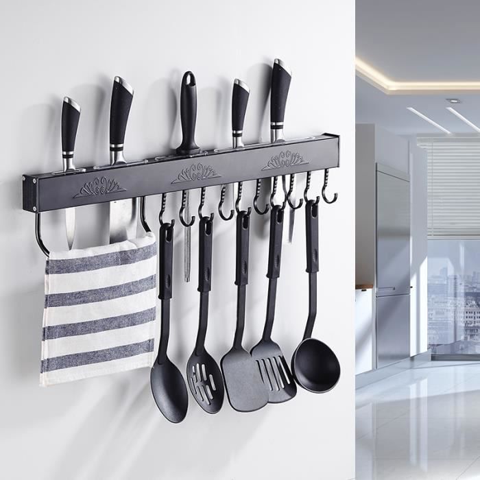 Barre Murale Cuisine Ustensiles 40CM Barre Étagère De Cuisine Avec 6 Crochets Amovibles, Murale Pour Ustensiles De Cuisine(Noir) | Leroy Merlin