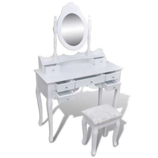 Coiffeuse Avec Miroir Et Tabouret 7 Tiroirs - Noyer, Miroir Rotatif, 3 Lumières LED Réglables - 8
