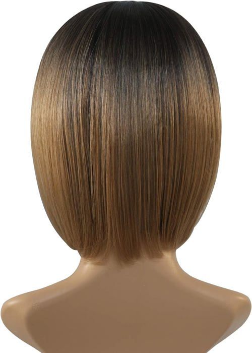 Perruque Femme Synthétique Brun Blond Dégradé - Longueur 18" Avec Frange - Taille Moyenne