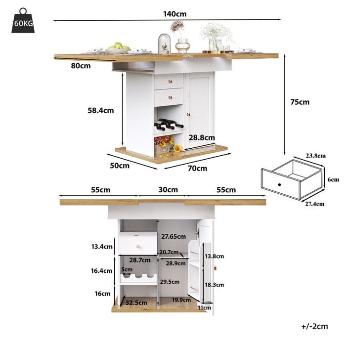 Table à Manger Extensible 110-140 X 80 Cm - Blanche, Pieds Métal, Rangement Intégré - Pour 4 à 6 Personnes