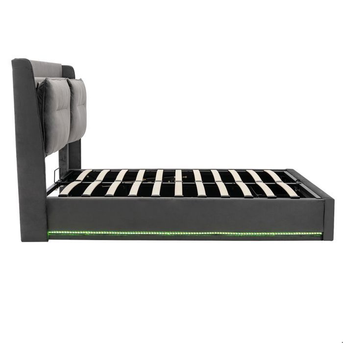 Lit cofe multifonction 160×200 cm en velours avec LED, ports USB/Type Lit cofe multifonction 160×200 cm en velours avec LED, ports USB/Type