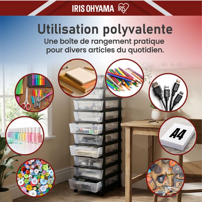Iris Ohyama, Tour de Rangement Plastique à Roulettes, 10 Tiroirs ...