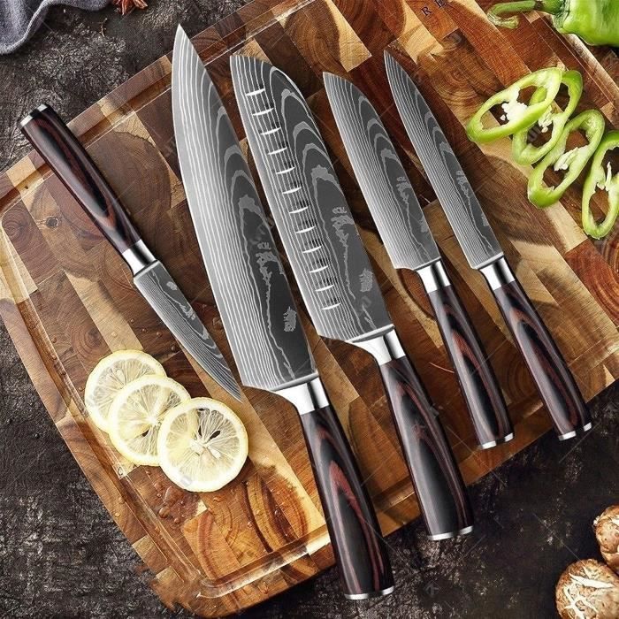 Couteau De Cuisine Set Couteaux Chef Japonais Couteau Inoxydable Cleaver  Butcher Santoku Acier Outil Damas Motif Lame Nouveau[H4143]