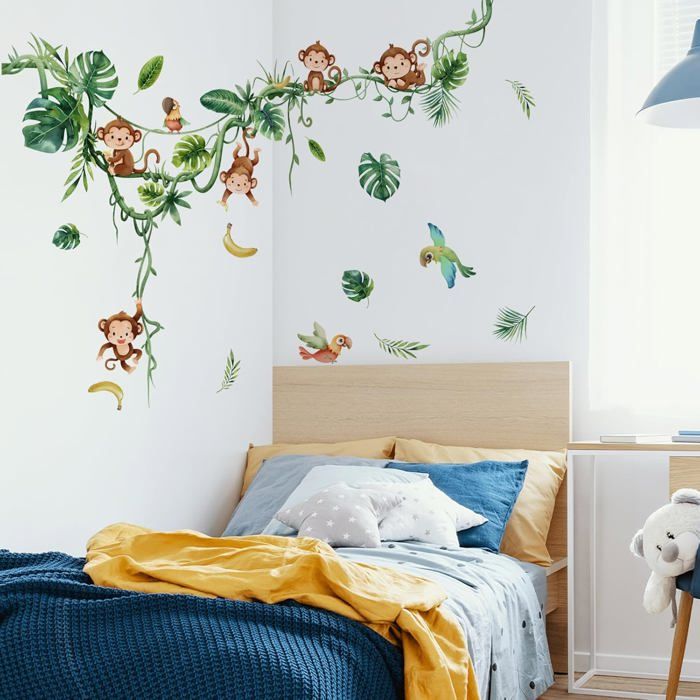 Autocollants Muraux Singe Grimpeur Et Arbre De Jungle - Stickers Décoration Chambre Enfant Et Salon