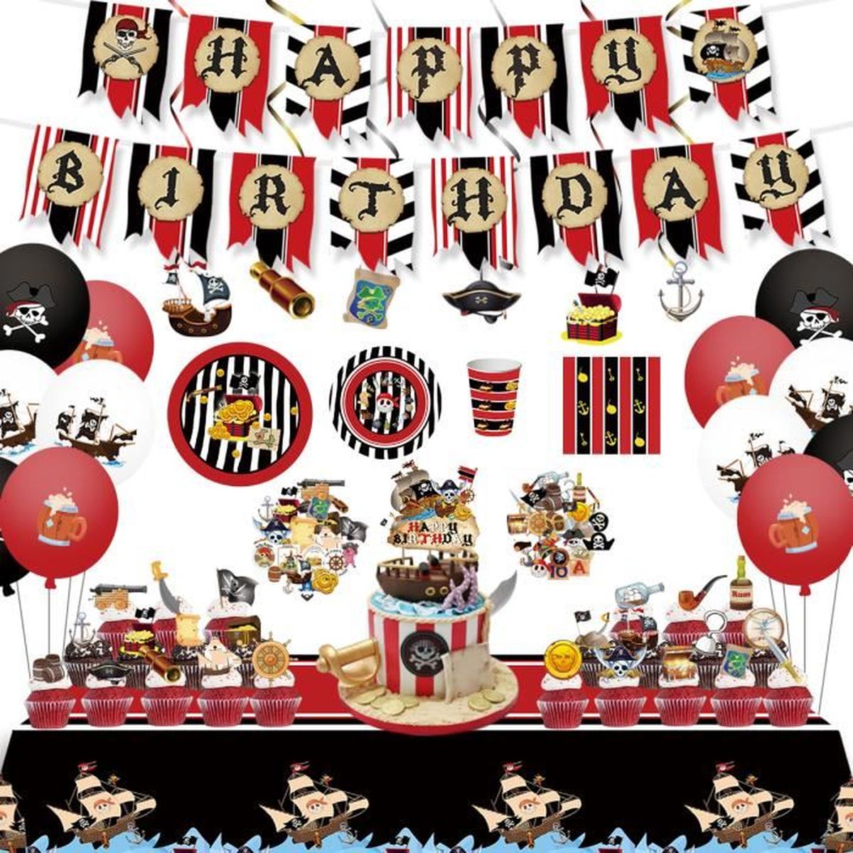 Pirate Decoration Vaisselle Anniversaire 156pcs Banniere Assiettes Nappe Ballons Theme Pirate Deco Anniversaire Garcon Fille Cdiscount Maison