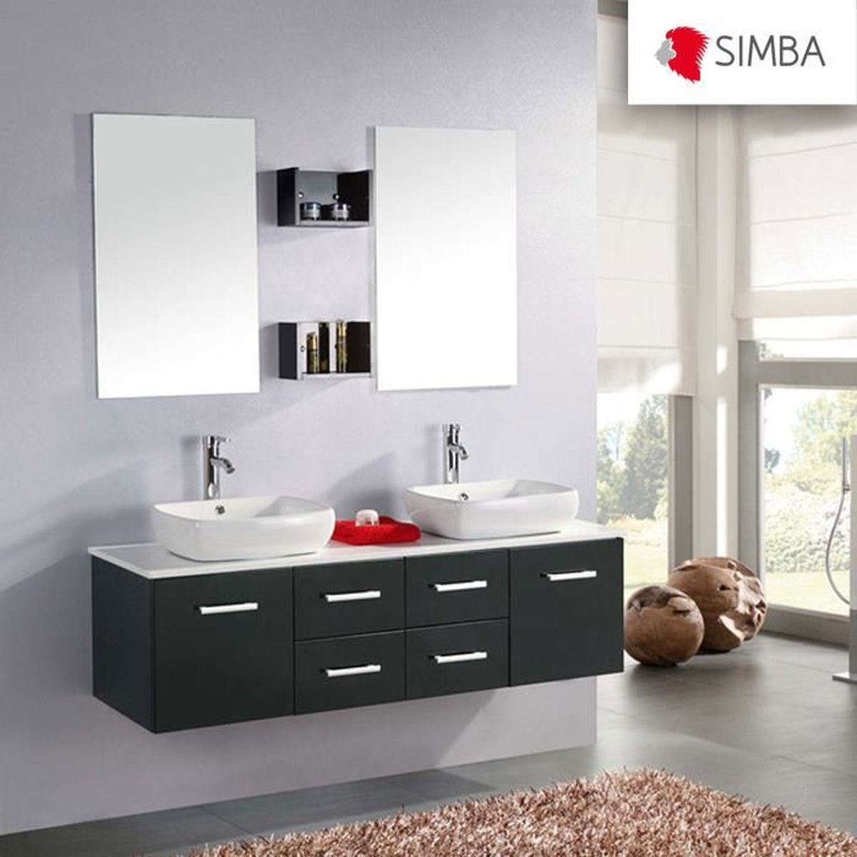Meuble Salle De Bain 150 Cm Noir Set Vasque Robinetterie Prince