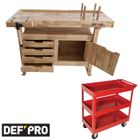 DEFPRO Lot Atelier complet – Servante 3 plateaux + Établi bois 4 tiroirs