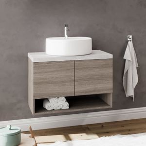 MEUBLE VASQUE - PLAN OSLO Meuble de salle de bain 2 portes pour vasque à poser Chêne fumé & plan gris béton largeur 80 cm
