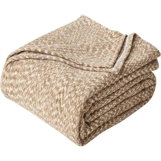 Couverture Ou Jeté De Lit Tricoté Main - Marron Et Beige Avec Franges - Dimensions 78x87 Cm - Pièce Unique