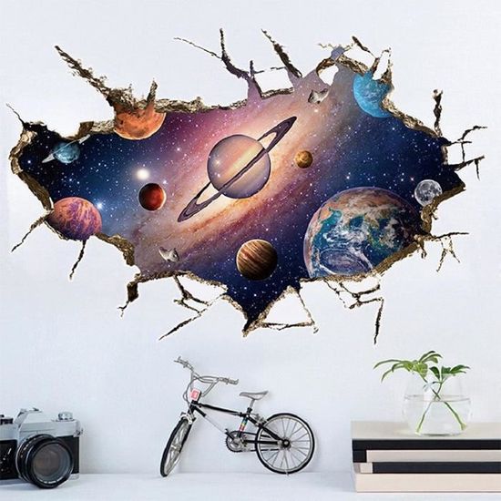Stickers Muraux 3D Espace Système Solaire 60x90 Cm - Décoration Chambre Enfant Et Ado, Poster Planètes Galaxie