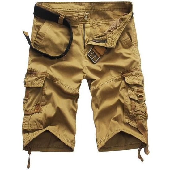 Short Cargo Homme Bermuda Coton - Multi-Poches Taille Élastique - Décontracté Sport Été