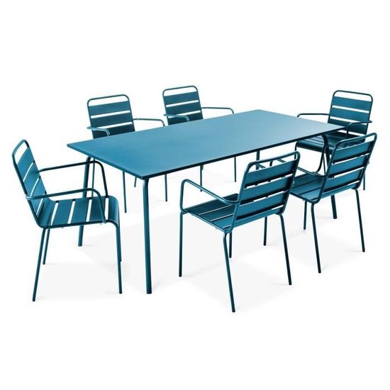 Salon de jardin en acier - Table et 6 fauteuils - Palavas - Bleu Pacific