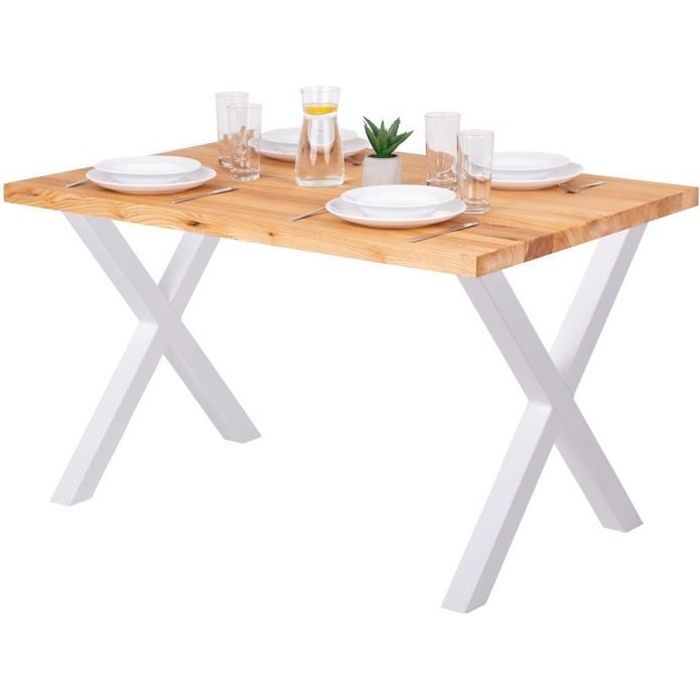 LAMO MANUFAKTUR Table à manger industrielle en bois massif - 120x80x76cm - frêne naturel - pieds métal blanc - modèle design