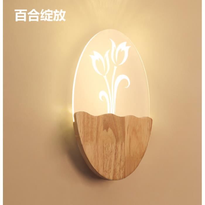 Designer Creative Applique Murale LED D'Intérieur en Bois Sculpté Fleur de Lis Deco Chambre Lampe de Salon Chevet Couloir Restaurant