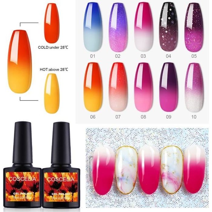 COSCELIA Vernis Semi Permanent Température Vernis à Ongles UV/LED Gel Soak Off Polish Gel Nail Art - 10 pcs