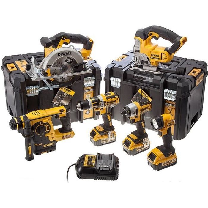 DEWALT Pack de 6 machines DCK699M3T - Livré avec 3 batteries 18 V chargeur multi-voltage et 2 coffrets Tstak