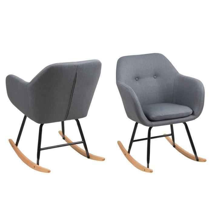 Chaise avec accoudoirs Hermeline revêtue de tissu gris foncé et avec pieds en métal/bois.