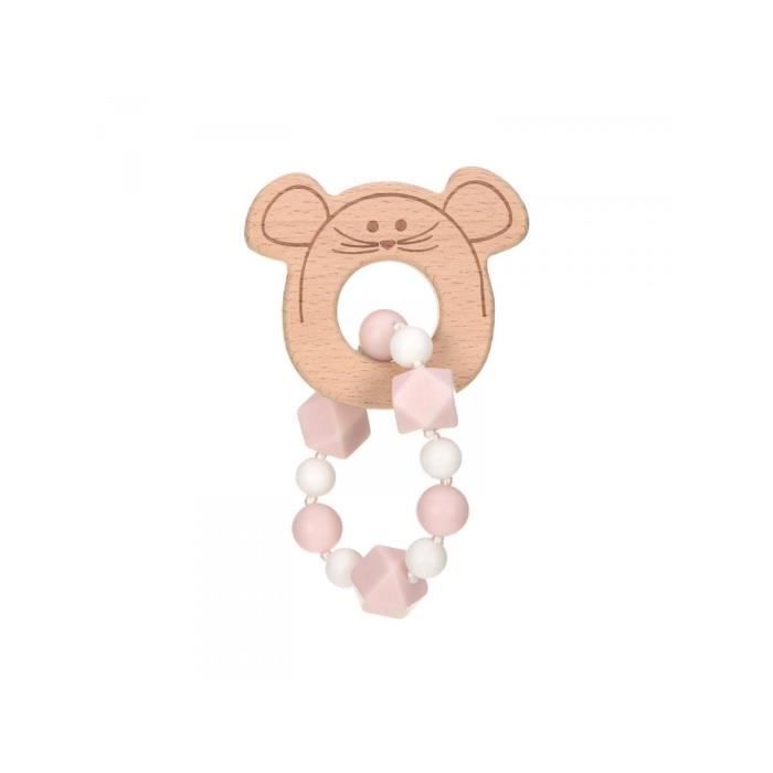 Lassig - Bracelet de dentition Bois-Silicone Little Chums Souris - rose