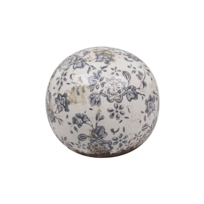 Magnifique Grande Boule Décorative Sphère Objet Déco à Poser en Terre Cuite Emaillée Blanche Motif Floral Bleu Ø15cm 15