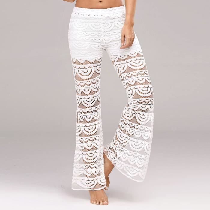 Pantalon évasé en dentelle pour femme blanc