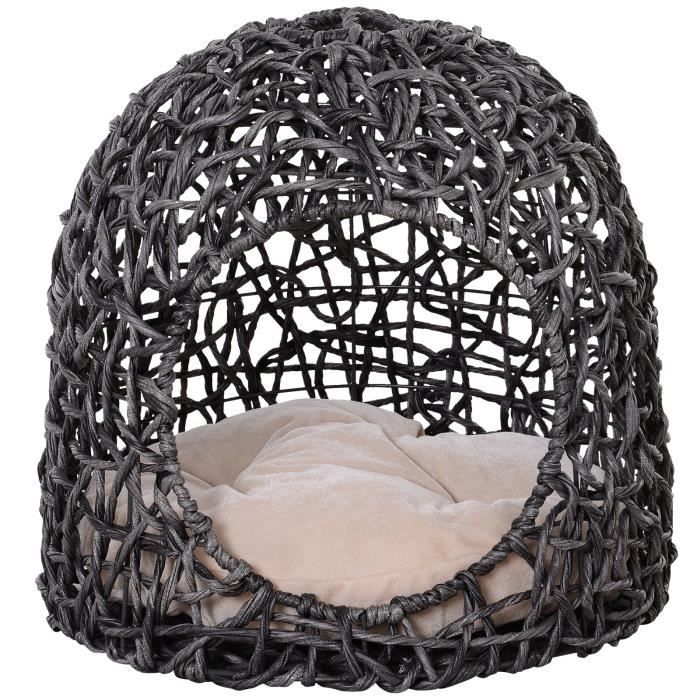 Panier chat lit chat cosy grand confort dim. Ø 49 x 46H cm coussin moelleux beige inclus résine tressée imitation rotin gris