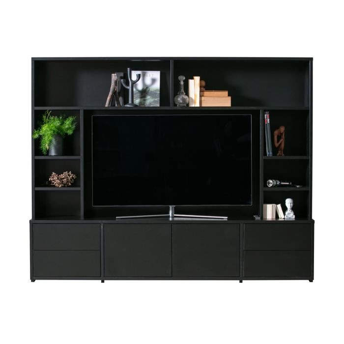 Meuble tv en bois massif noir mat - L 215 x P 44 x H 171 cm