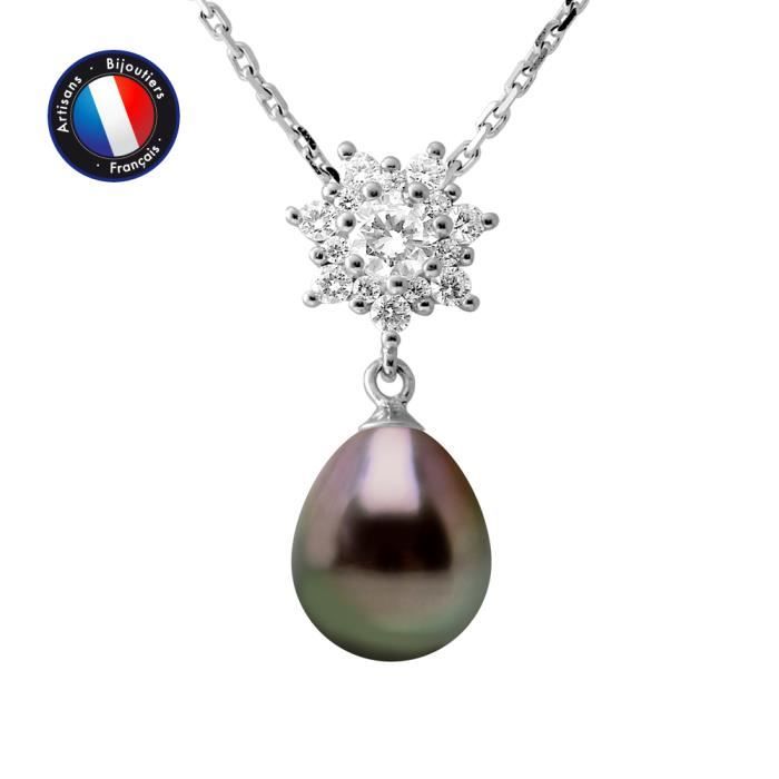 PERLINEA - Collier Perle de Tahiti A+ - Poire 9-8 mm - Oxyde de Zirconium Flocon - Argent 925 Millièmes - Bijoux Femme
