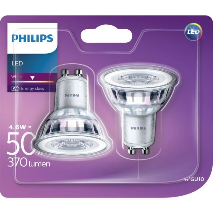 PHILIPS Spot LED GU10 - 4,6 W équivalent à 50 W - Blanc