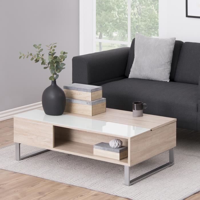 Table basse / Table de salon - KOSTRENA - 110x60 cm - chêne sonoma - style contemporain - plateau relevable -élément en verre trempé