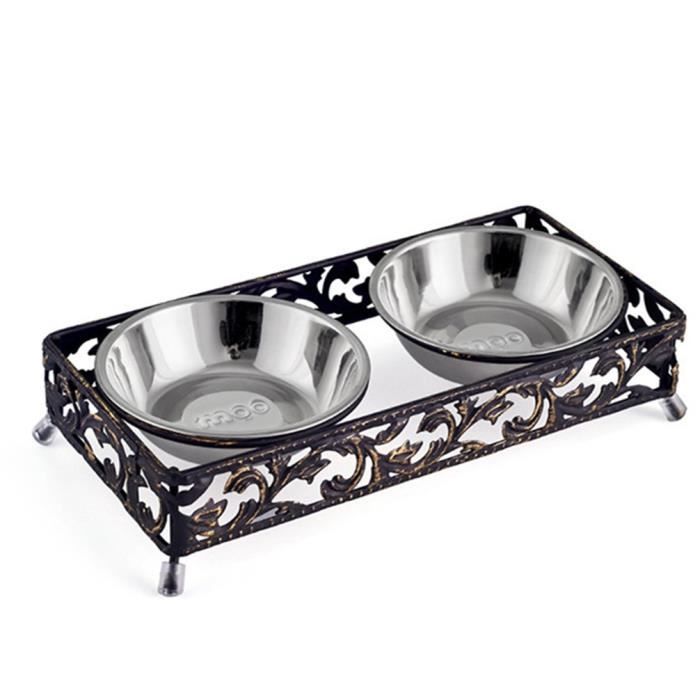 Double Gamelle Chat en INOX Amovible avec Support en Fer à Bonne Hauteur Antidérapant Pet Feeder pour Petit