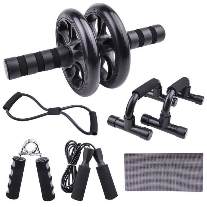 Kit à rouleaux AB Rouleau Exerciseur de ressort Roue de presse abdominale Pro Avec des barres de push-up Sauter la cord,Le noir