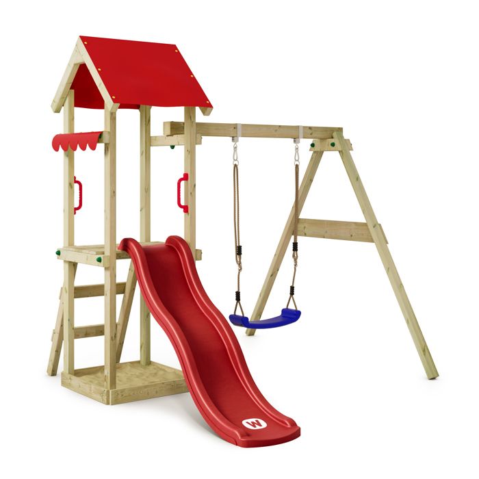WICKEY Aire de jeux Portique bois TinyWave avec balançoire et toboggan rouge Maison enfant extérieure avec bac à sable