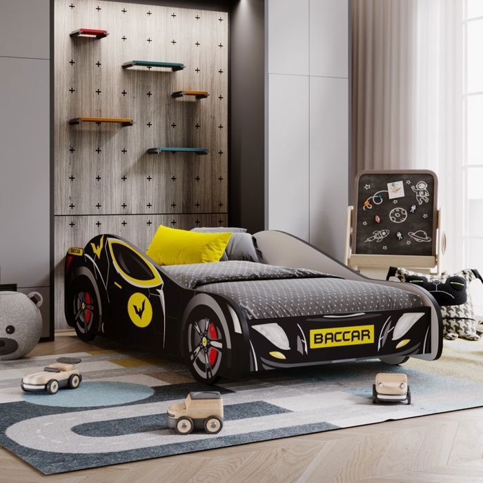 Lit Complet Enfant Lit voiture de course pour enfants - BATCAR - 80 x 160 cm - Noir - Avec Sommier et Matelas