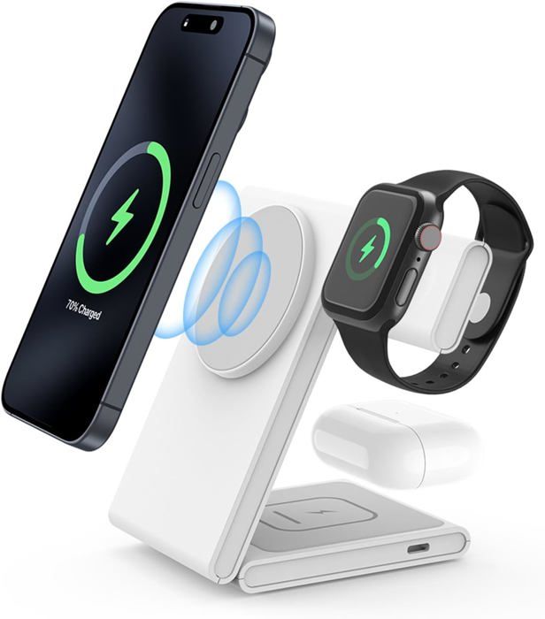 Support Chargeur Sans Fil Magnétique 3 En 1 Pour IPhone - 15W, Stand Pliable, Compatible Qi, Neuf Avec Câble 1m