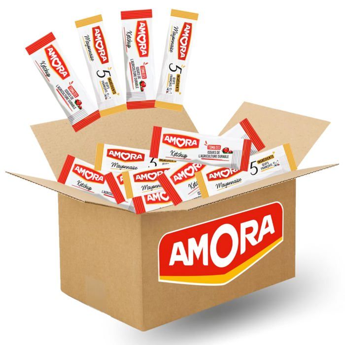 AMORA - Assortiment BI-GOUT de 100 sticks de sauce Mayonnaise et Ketchup - dose individuelle 10 ml