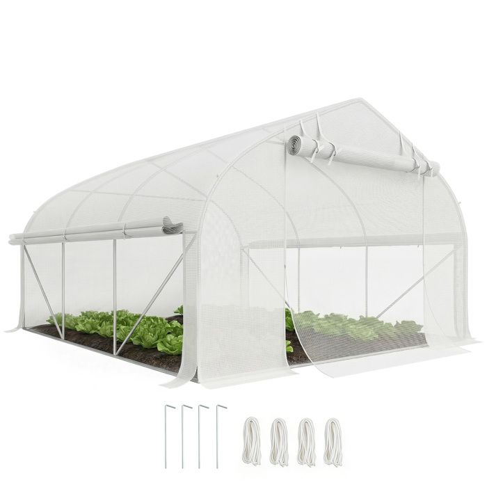 Serre de jardin tunnel - Outsunny - 104 m² - porte zippée enroulable fenêtres en maille - anti-UV - 350 x 300 x 200 cm - blanc