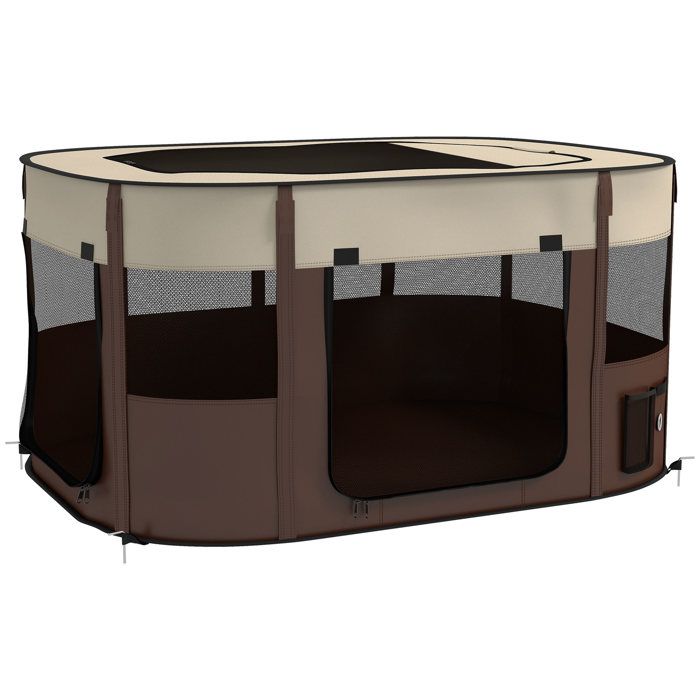 Meilleurs prix pour Parc pour animaux de compagnie - PawHut - pliable avec fenêtres et portes en maille - sac de rangement - en tissu Oxford - marron