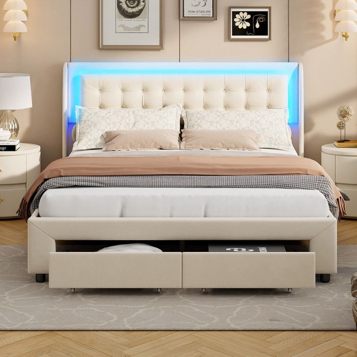 Lit coffre 140x190 cm lit double rembourré avec tête de lit et sommier à lattes pour adulte lit LED beige