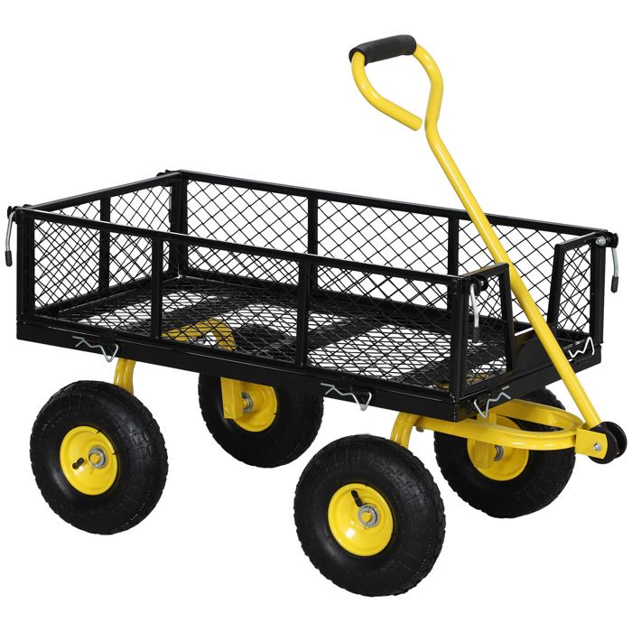 Chariot de jardin - Outsunny - acier - 4 roues - côtés amovibles transformable en plateau - poignée pivotante à 180° - noir et jaune