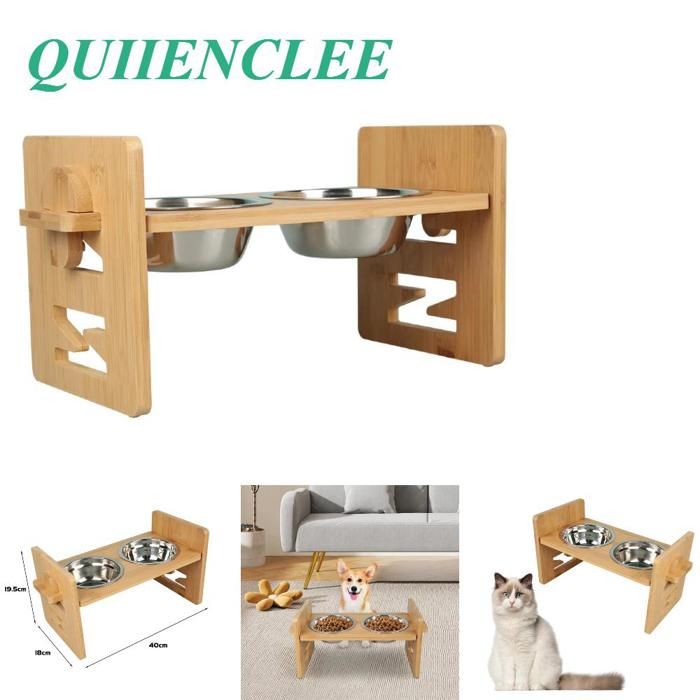QUIIENCLEE-Support de gamelle en bambou pour chien avec 2 gamelles en acier inoxydable