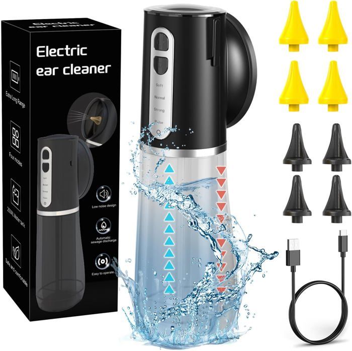 Nettoyeur D’oreilles électrique à Double Réservoir – 4 Pressions D’eau, 8 Embouts, étanche IPX7 – Pour Un Rinçage Auriculaire En Douceur
