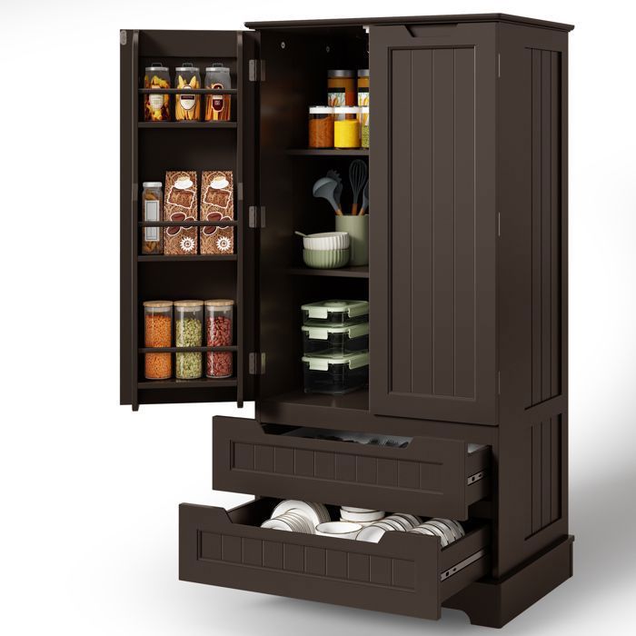 Buffet Haut Cuisine - Bealife - Armoire Rangement - 2 Tiroirs - 2 Portes - 2 Étagères Réglables - 60 x 40 x 120 cm - Marron