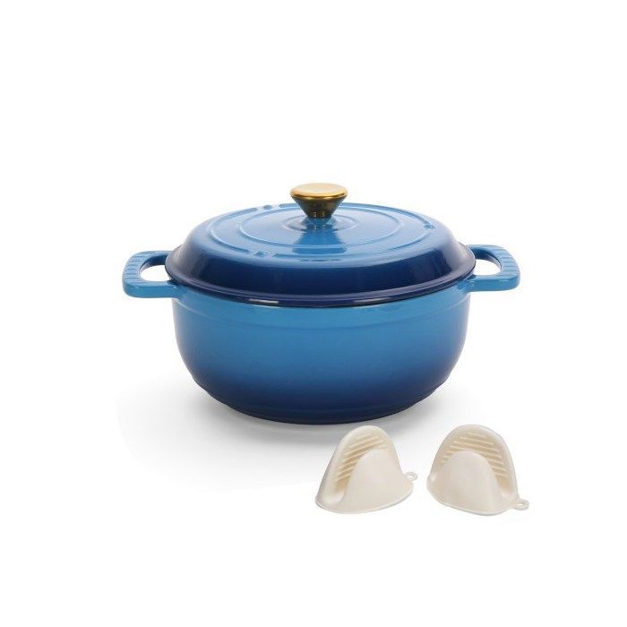 Cocotte - ALIGHTUP - Cocotte Fonte Émaillée ronde Avec 2 Gants de Cuisine en Silicone 26cm - Dégradé bleu