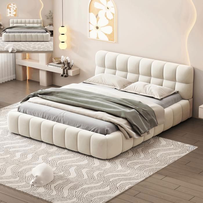 Structure de lit - SUNFECILI - 140x190 cm - Tissu en lin - Sommier à lattes - Beige