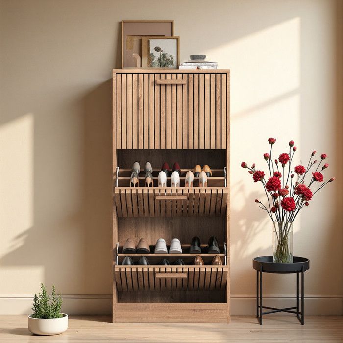 Meuble à Chaussures - Bois Osier - Anti-Basculement - 20 Paires - 113x60x24 cm - Brun Clair