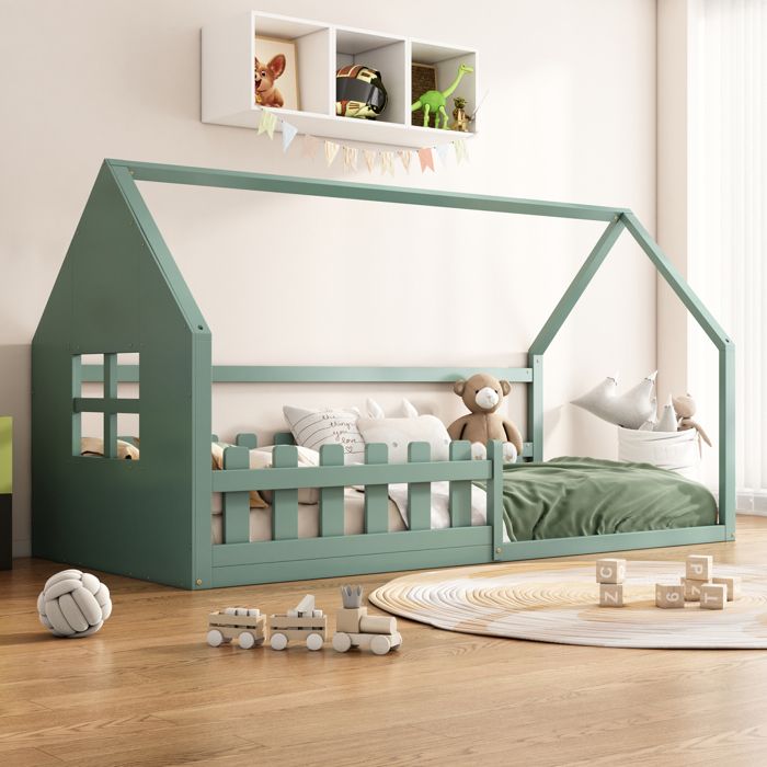Lit enfant 90x200 cm lit plat lit cabane avec barrières de sécurité pin - vert