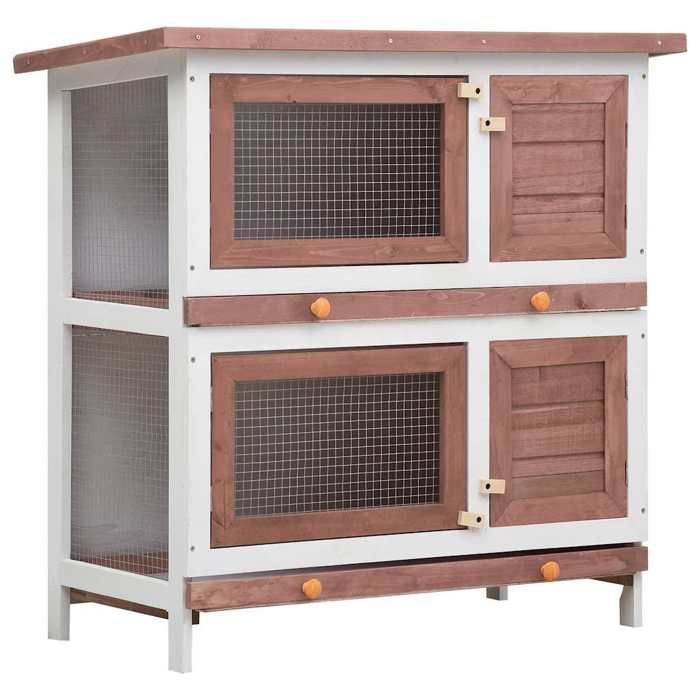 Clapier dextérieur en bois - JILL - 4 portes - 90x45x90 cm - Brun et blanc - Toit étanche vert